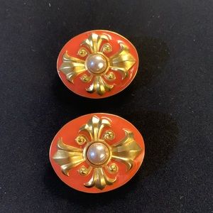Vintage Karl Kagerfeld clip earrings, oval gold tone,orange enamel & faux pearl